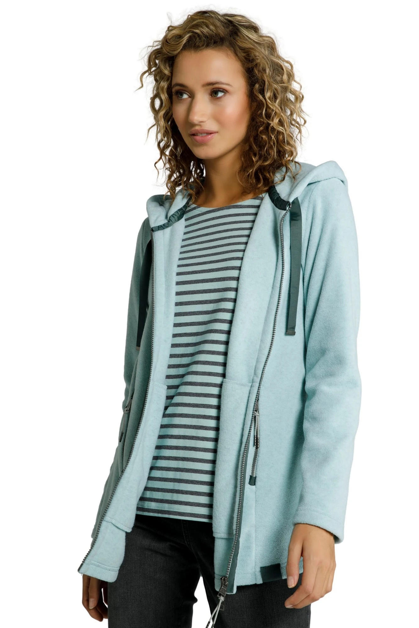 Long-Fleecejacke Kapuze Langarm Seitliche Saum Zipper In Grün 1 Long-Fleecejacke Kapuze Langarm Seitliche Saum Zipper In Grün